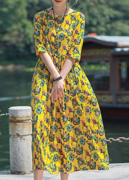 Simple o neck Cinched linen yellow print Dresses summer - SooLinen