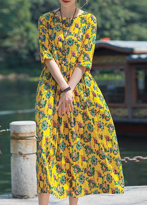 Simple o neck Cinched linen yellow print Dresses summer - SooLinen