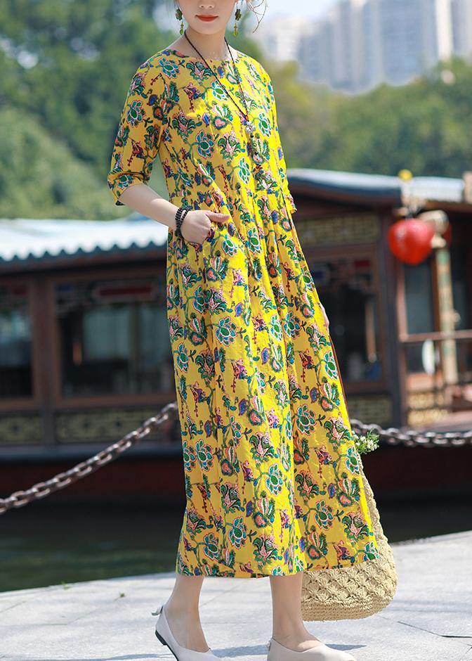 Simple o neck Cinched linen yellow print Dresses summer - SooLinen