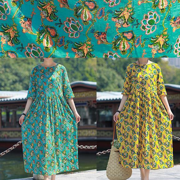 Simple o neck Cinched linen yellow print Dresses summer - SooLinen