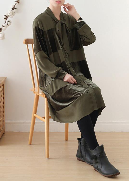 Simple patchwork Bow Cotton clothes Women Fashion Ideas army green Dresses fall - SooLinen