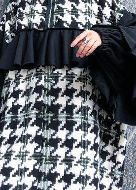 Simple patchwork Cotton dresses stand collar ruffles Dresses - SooLinen