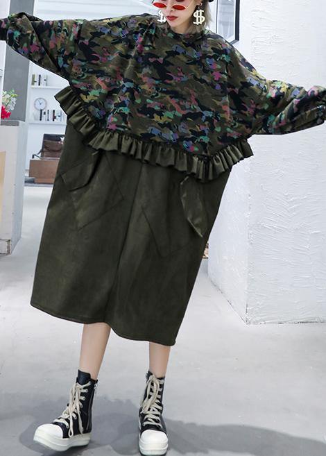 Simple patchwork camouflage tunics for women o neck Ruffles Dresses - SooLinen
