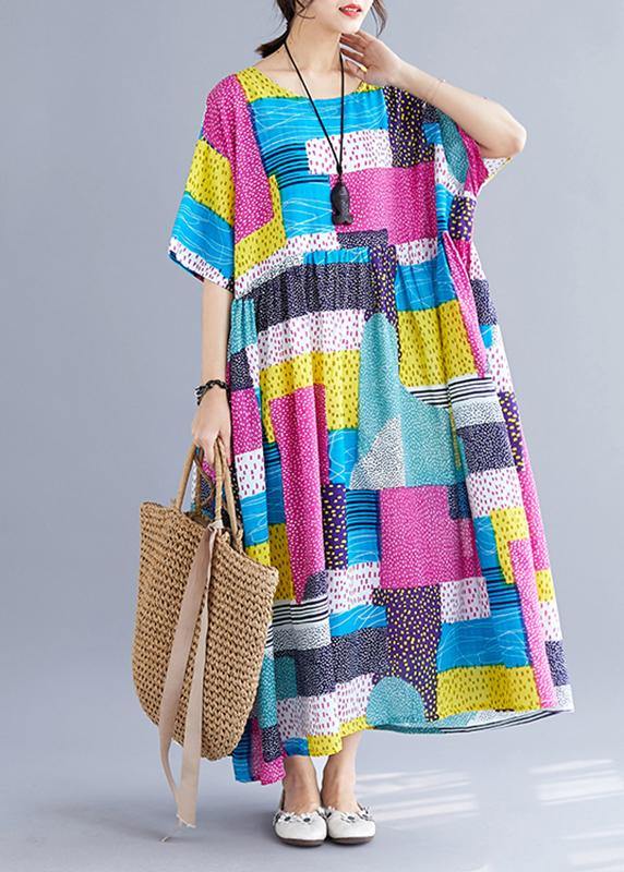 Simple patchwork color cotton dresses Inspiration rose o neck cotton robes Dress summer - SooLinen