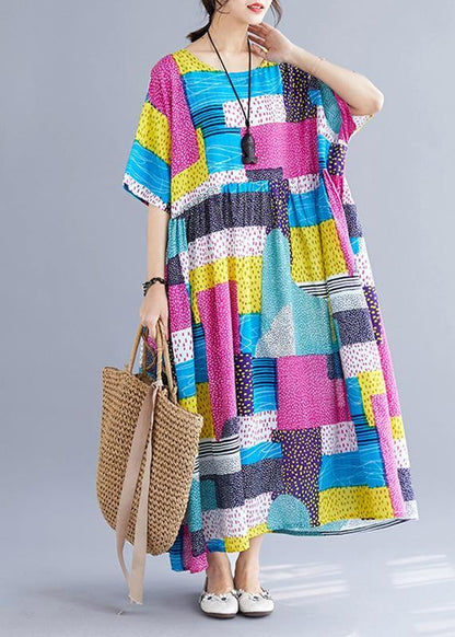 Simple patchwork color cotton dresses Inspiration rose o neck cotton robes Dress summer - SooLinen