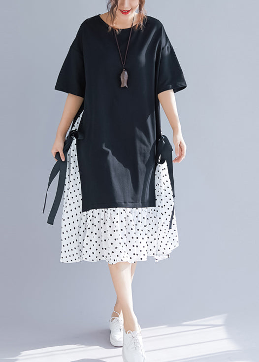 Simple patchwork false two pieces cotton linen clothes stylish Work black Maxi Dresses Summer