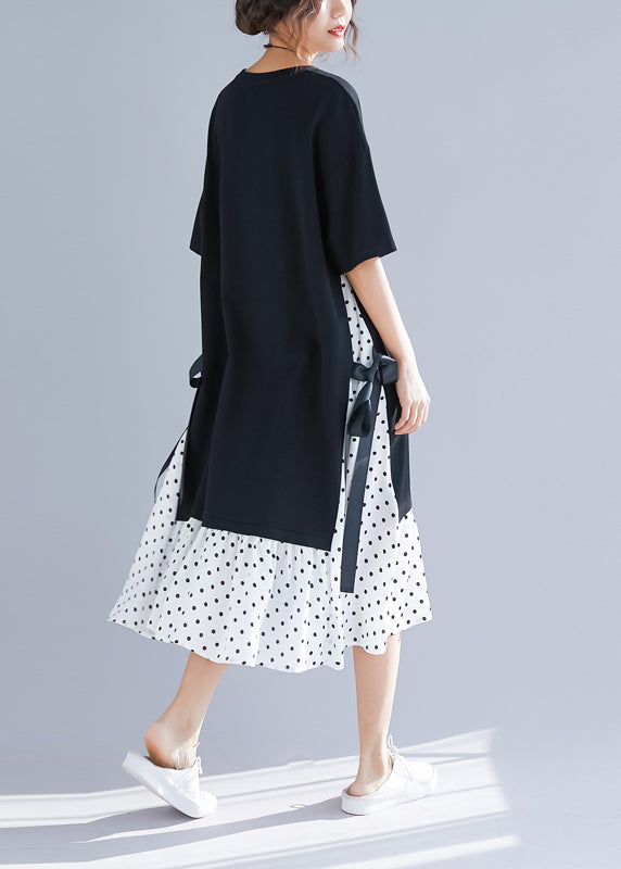 Simple patchwork false two pieces cotton linen clothes stylish Work black Maxi Dresses Summer