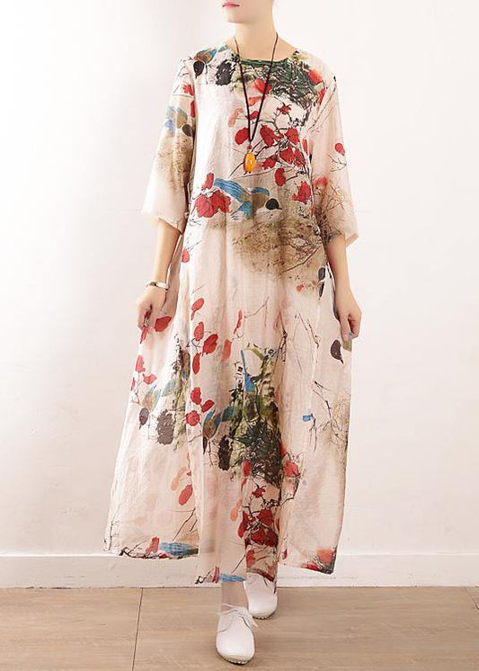 Simple side open silk Tunic Photography prints long Dresses summer - SooLinen