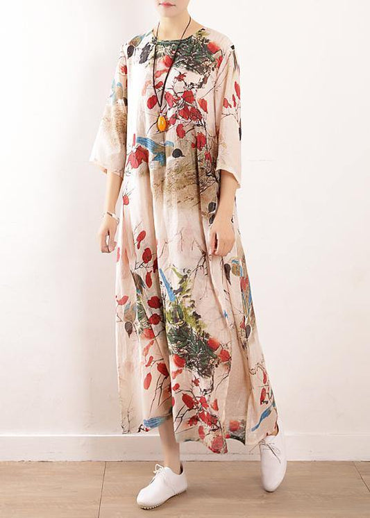 Simple side open silk Tunic Photography prints long Dresses summer - SooLinen