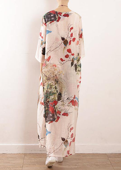 Simple side open silk Tunic Photography prints long Dresses summer - SooLinen