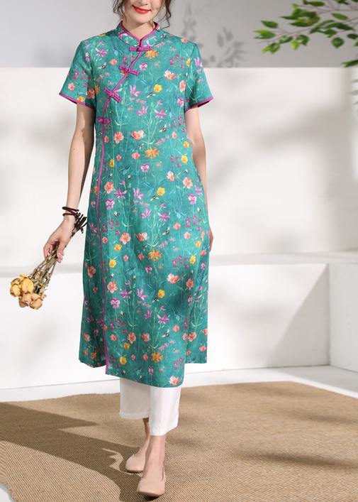 Simple stand collar patchwork linen Wardrobes design green print Dresses - SooLinen