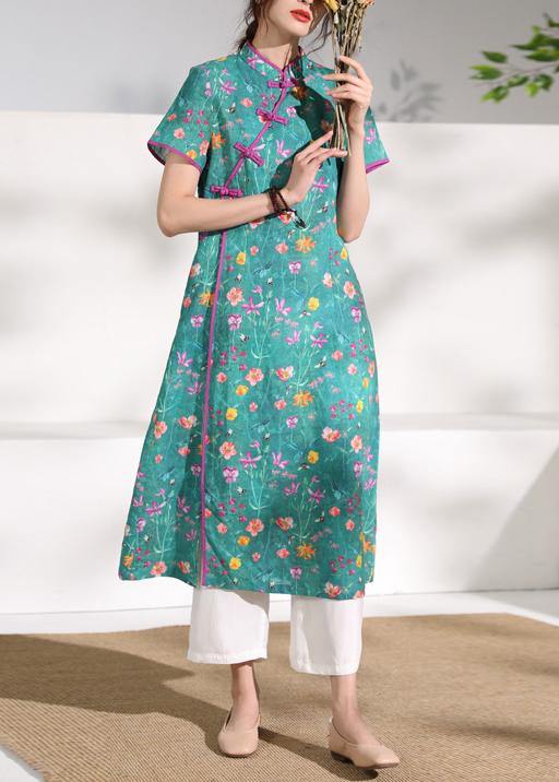 Simple stand collar patchwork linen Wardrobes design green print Dresses - SooLinen