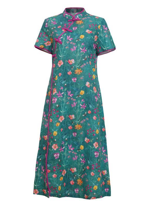Simple stand collar patchwork linen Wardrobes design green print Dresses - SooLinen