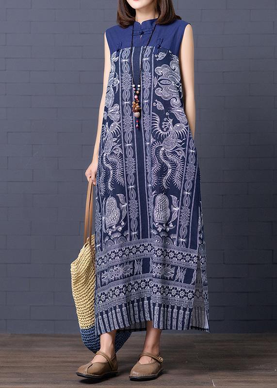 Simple stand collar summer clothes For Women Shape blue Vintage print loose Dresses - SooLinen