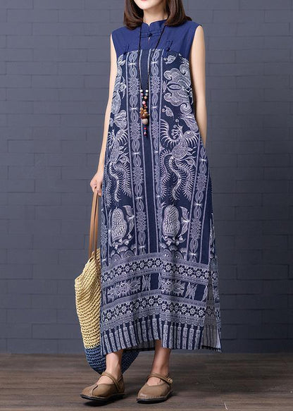 Simple stand collar summer clothes For Women Shape blue Vintage print loose Dresses - SooLinen