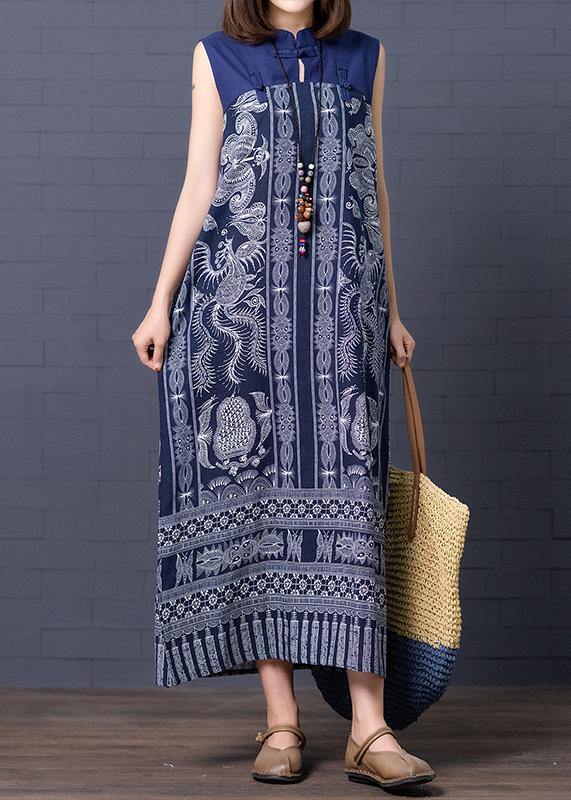 Simple stand collar summer clothes For Women Shape blue Vintage print loose Dresses - SooLinen