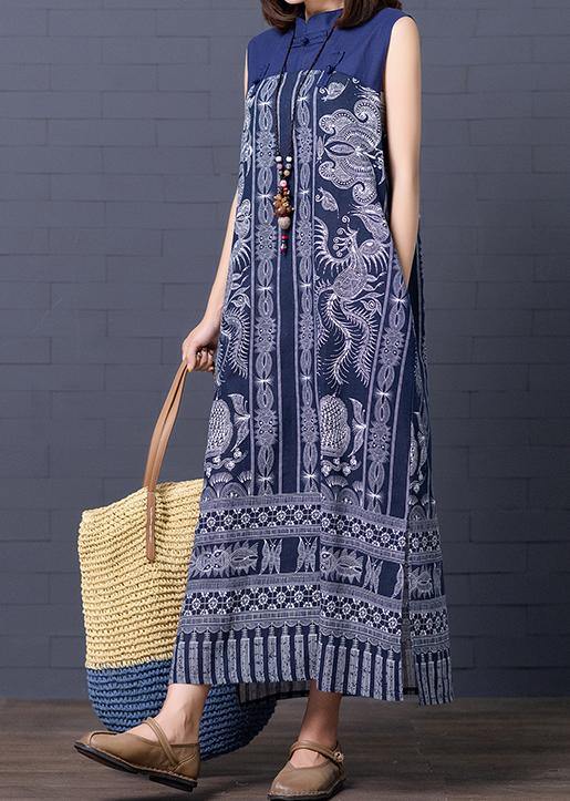 Simple stand collar summer clothes For Women Shape blue Vintage print loose Dresses - SooLinen