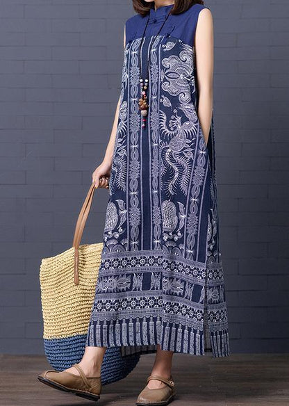 Simple stand collar summer clothes For Women Shape blue Vintage print loose Dresses - SooLinen