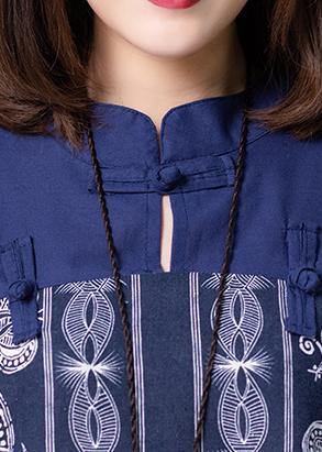 Simple stand collar summer clothes For Women Shape blue Vintage print loose Dresses - SooLinen