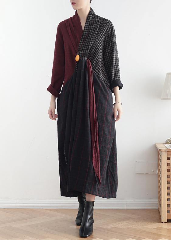 Simple v neck asymmetric linen dresses Wardrobes red patchwork black Dresses fall - SooLinen