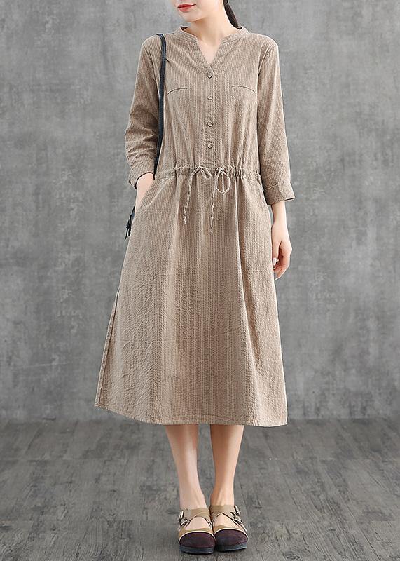 Simple v neck drawstring cotton Soft Surroundings Neckline khaki striped Dress - SooLinen
