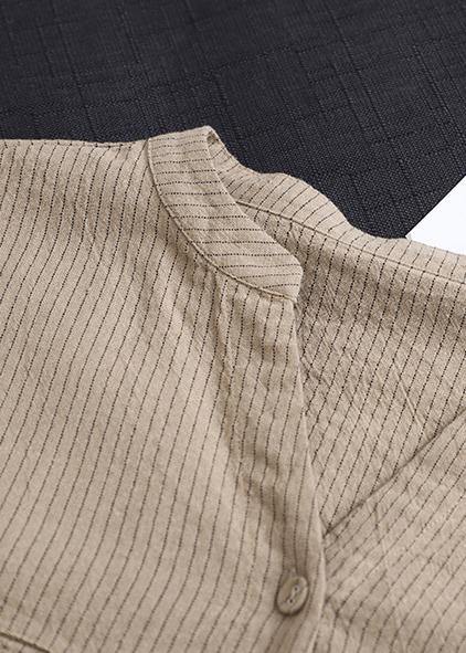 Simple v neck drawstring cotton Soft Surroundings Neckline khaki striped Dress - SooLinen