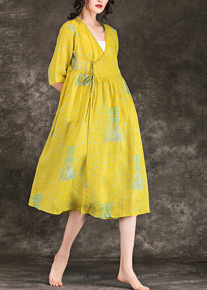 Simple v neck tie waist Chiffon clothes plus size Runway yellow print short Dress Summer