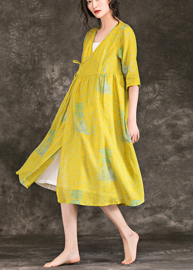 Simple v neck tie waist Chiffon clothes plus size Runway yellow print short Dress Summer