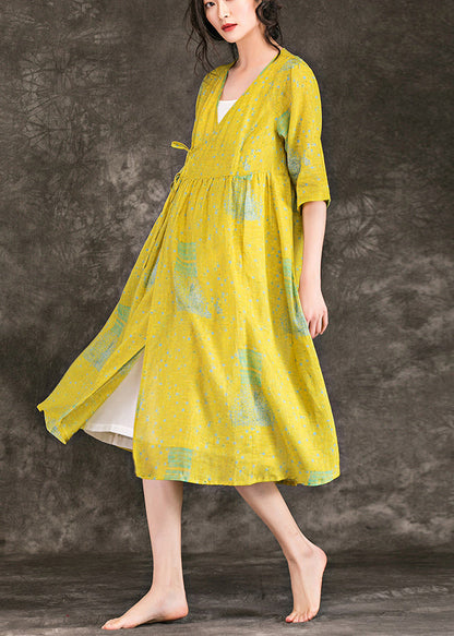 Simple v neck tie waist Chiffon clothes plus size Runway yellow print short Dress Summer