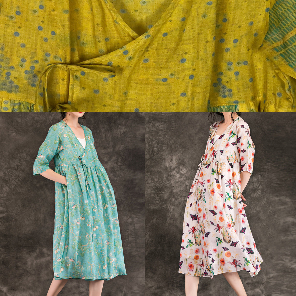 Simple v neck tie waist Chiffon clothes plus size Runway yellow print short Dress Summer