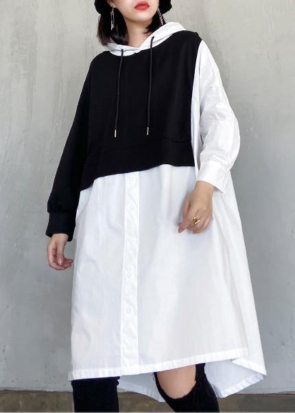 Simple white clothes Women hooded patchwork Dresses - SooLinen