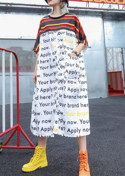 Simple white print cotton dress o neck patchwork Maxi summer Dress - SooLinen