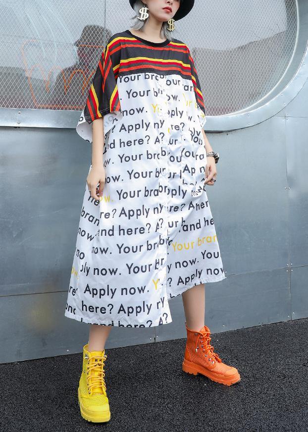 Simple white print cotton dress o neck patchwork Maxi summer Dress - SooLinen