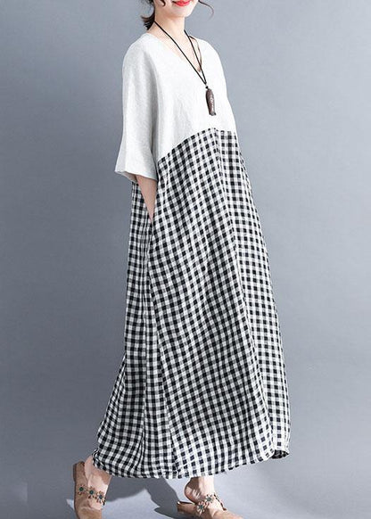 Simple white v neck cotton clothes patchwork cotton summer Dresses - SooLinen