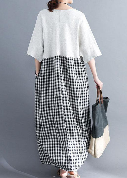 Simple white v neck cotton clothes patchwork cotton summer Dresses - SooLinen