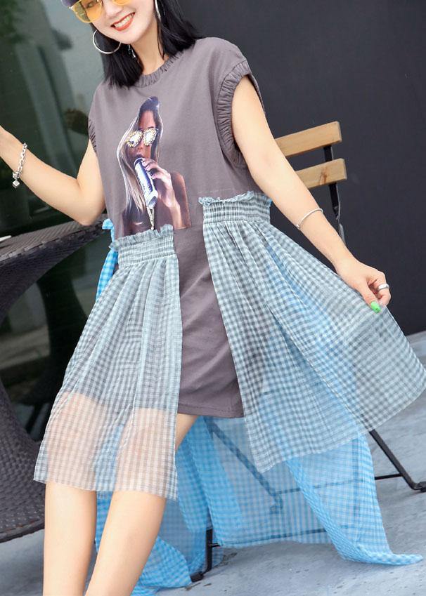 Simple Cinched o neck cotton Long Shirts Work Outfits gray patchwork cotton Dress summer - SooLinen