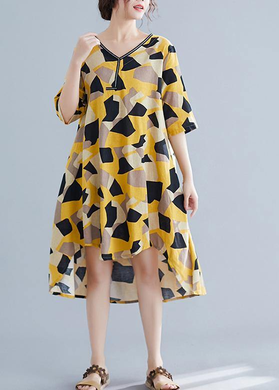 Simple yellow print cotton quilting clothes v neck half sleeve oversized summer Dress - SooLinen