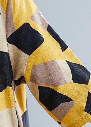 Simple yellow print cotton quilting clothes v neck half sleeve oversized summer Dress - SooLinen