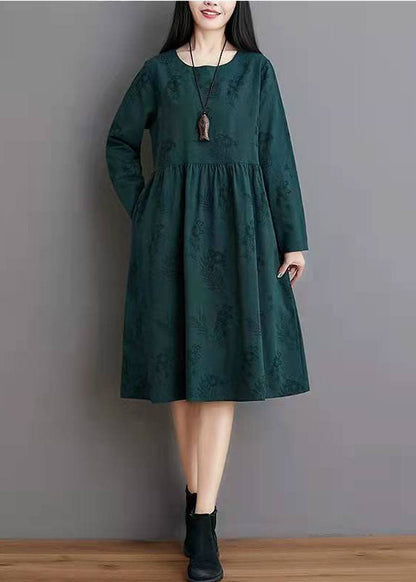 Simple linen clothes Women Jacquard Pleat Blue Linen Loose Dress