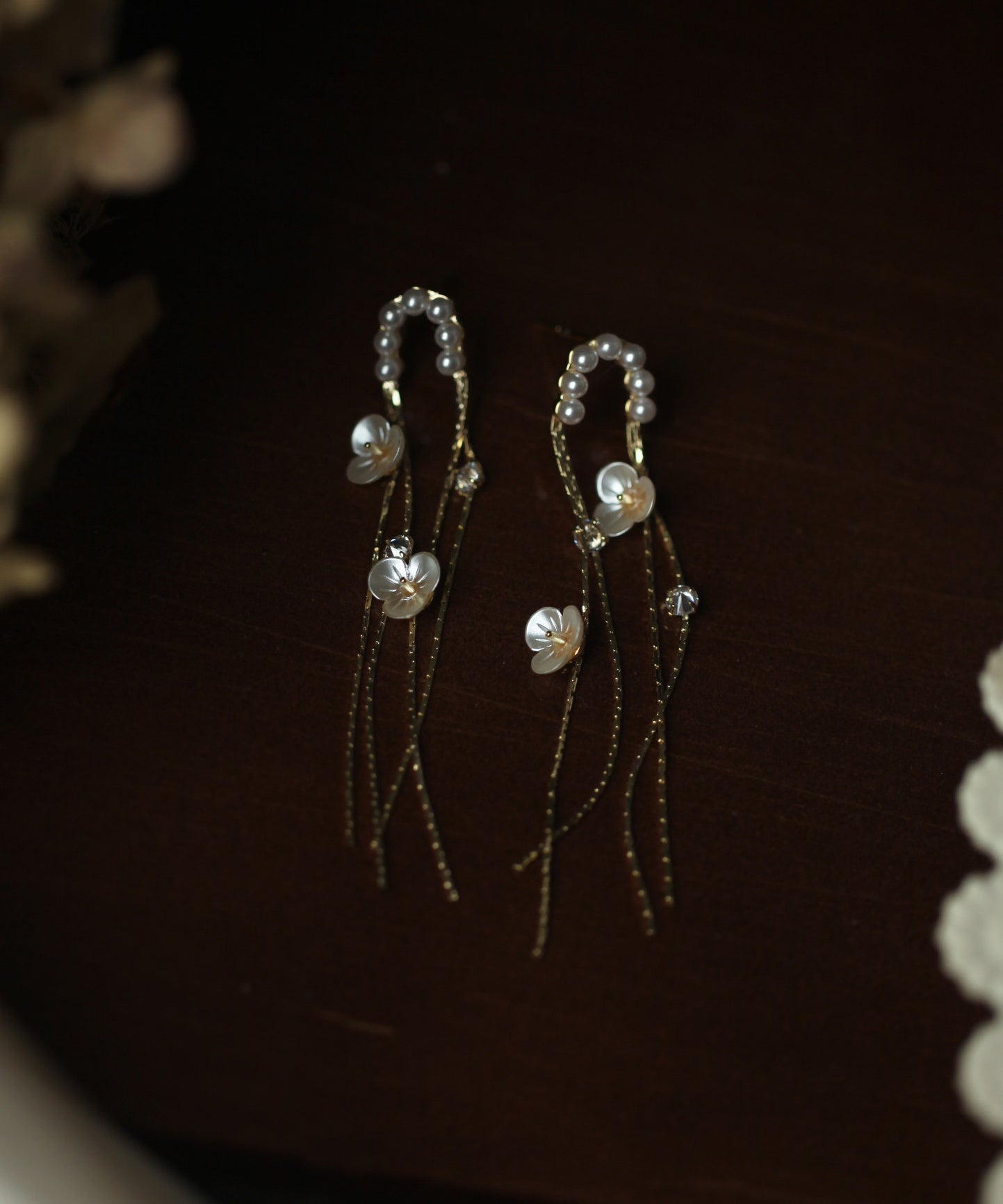 Skinny Gold Alloy Pearl Floral Tassel Drop Earrings