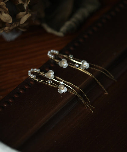 Skinny Gold Alloy Pearl Floral Tassel Drop Earrings
