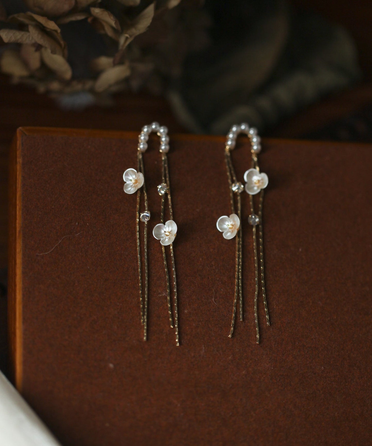 Skinny Gold Alloy Pearl Floral Tassel Drop Earrings