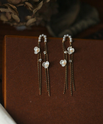 Skinny Gold Alloy Pearl Floral Tassel Drop Earrings