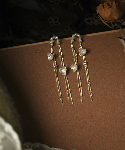 Skinny Gold Alloy Pearl Floral Tassel Drop Earrings