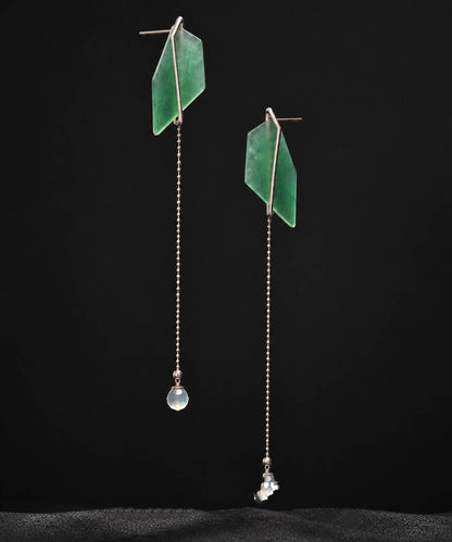 Skinny Green Alloy Jade Tassel Drop Earrings