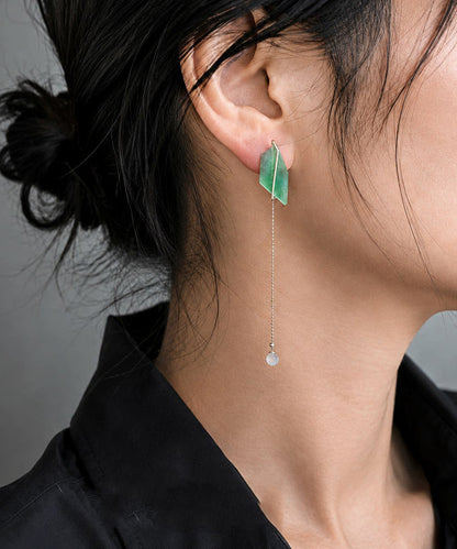 Skinny Green Alloy Jade Tassel Drop Earrings