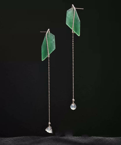 Skinny Green Alloy Jade Tassel Drop Earrings