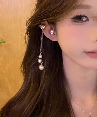 Skinny Silk Stainless Steel Love Pearl Tassel Drop Earrings