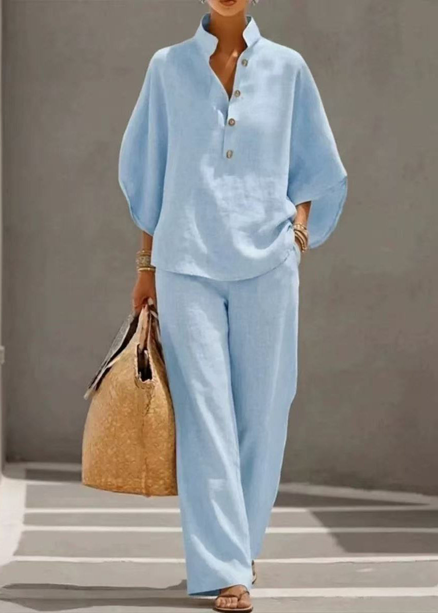 Sky Blue Cotton Two Piece Set Women Clothing Stand Collar Fall