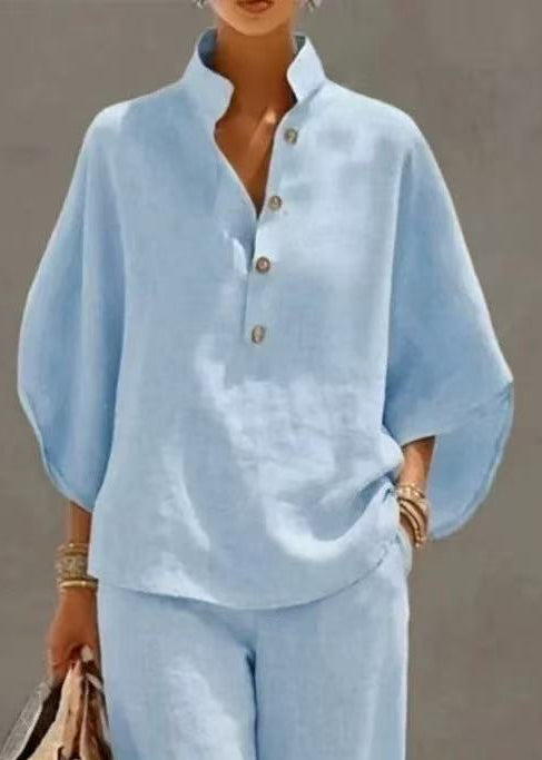 Sky Blue Cotton Two Piece Set Women Clothing Stand Collar Fall